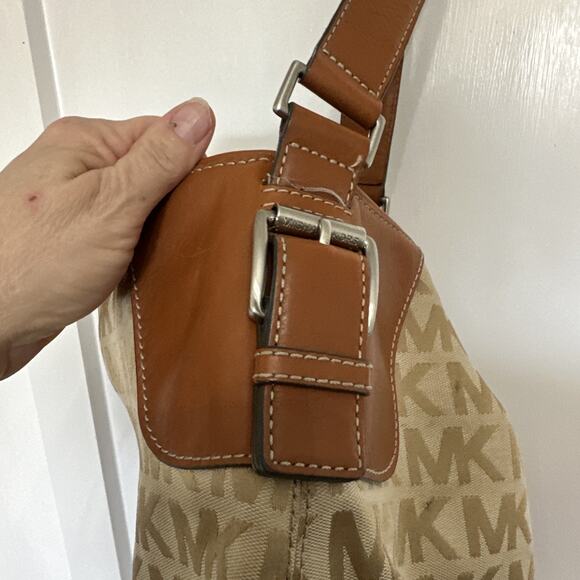 Michael Kors Saddle Brown Leather Medium Hobo Shoulder Bag Tote Jacquard Canvas - Picture 5 of 11